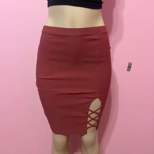 Bozzolo Rust Color Pencil Skirt with Lattice Detail